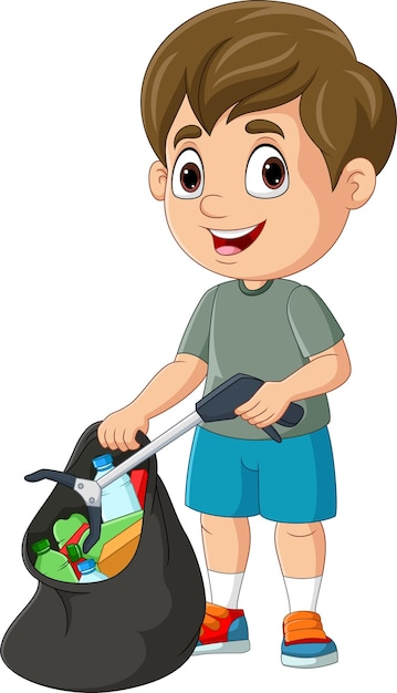 Cartoon boy collecting plastic garbage with litter stick