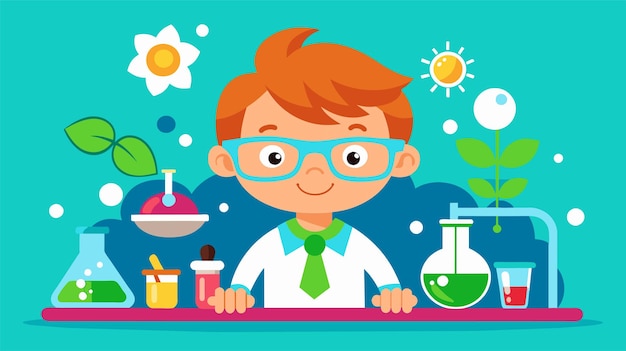 Vector cartoon boy conducting science experiments in a lab education concept