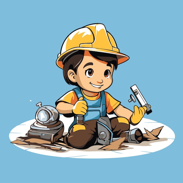 Cartoon boy construction worker with tools and helmet vector illustration