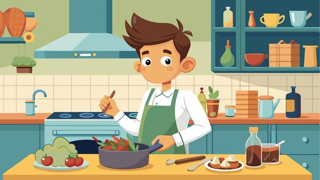a cartoon boy cooking in a kitchen with a bowl of food