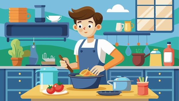 a cartoon of a boy cooking in a kitchen with a pan of food