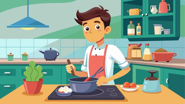 a cartoon of a boy cooking in a kitchen with a stove and a pot of food