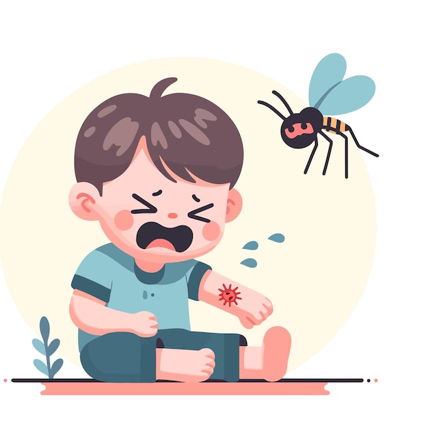 Vector cartoon boy cries after being bitten by a mosquito