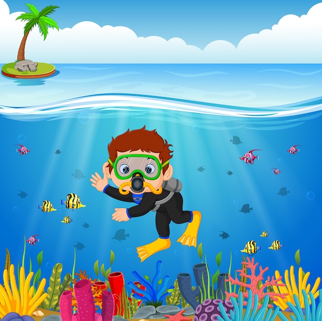 cartoon boy diving in the sea