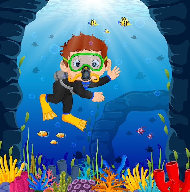 cartoon boy diving in the sea