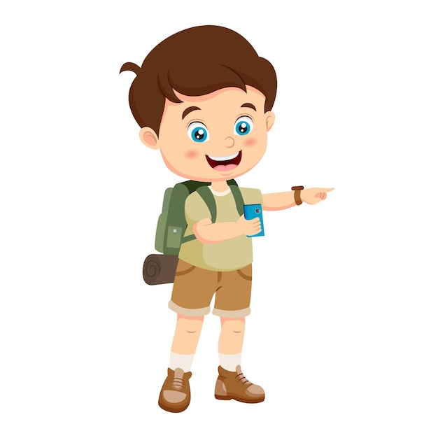 Vector cartoon boy explorer taking a photo