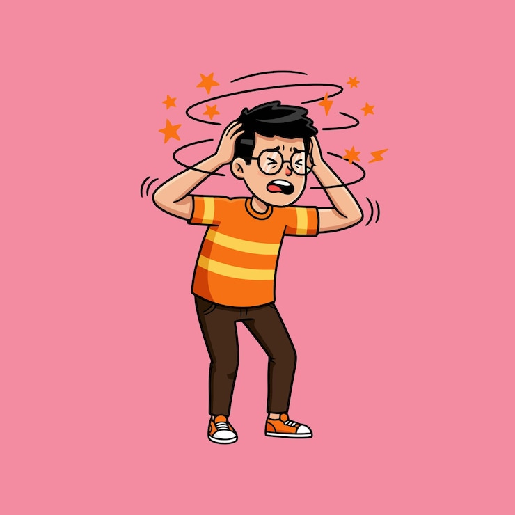 Vector cartoon boy feeling dizzy headache illustration