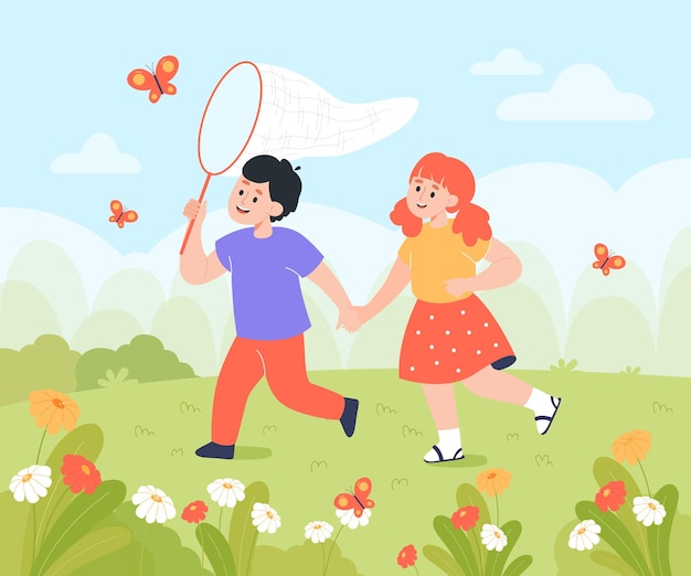 Cartoon boy and girl catching butterflies together in garden