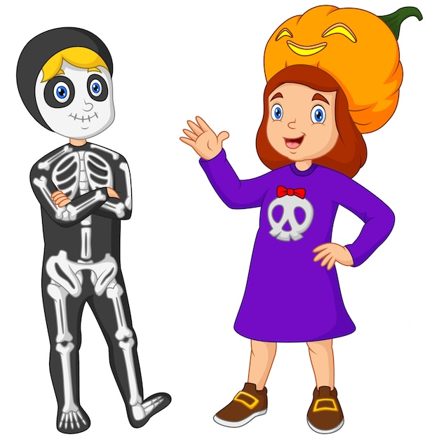 Vector cartoon boy and girl in costume helloween