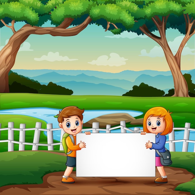 Cartoon a boy and girl holding blank sign