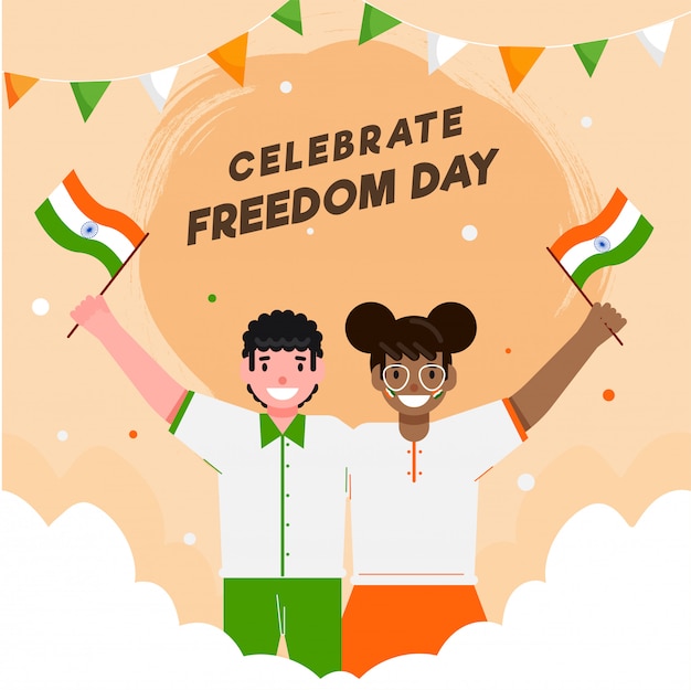 Cartoon Boy and Girl Holding Indian Flags with Clouds on Pastel Orange Background for Celebrate Freedom Day.