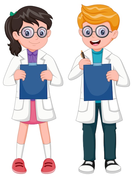 Cartoon boy and girl scientist holding board Vector illustration