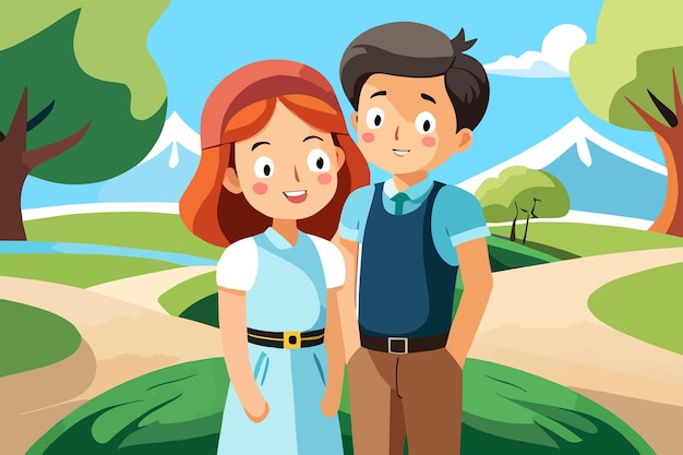 A cartoon of a boy and girl standing in a field with mountains in the background.