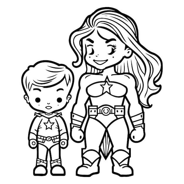 Мультфильм мальчик и девочка в костюме супергероя.