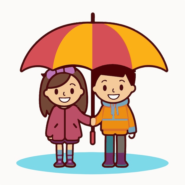 Vector a cartoon of a boy and girl under an umbrella.