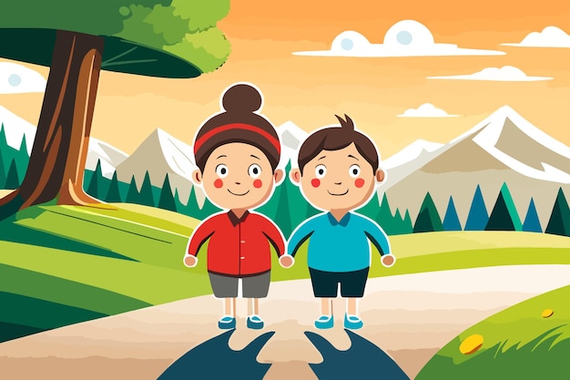 A cartoon of a boy and girl walking on a road.