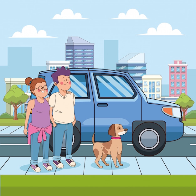 Cartoon boy and girl with a dog in the street