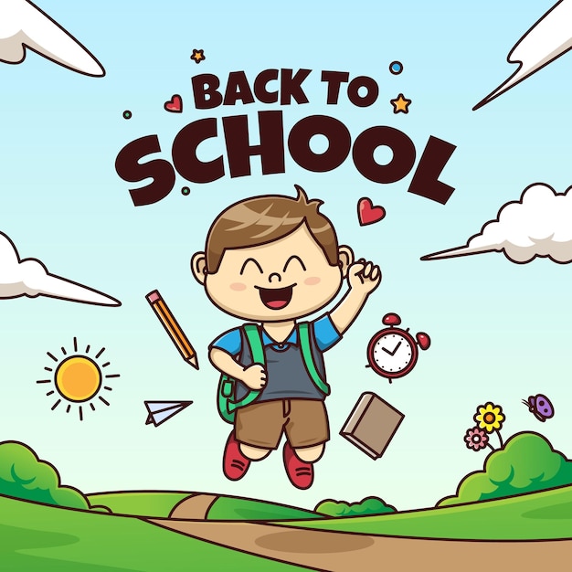 cartoon boy going back to school with school elements