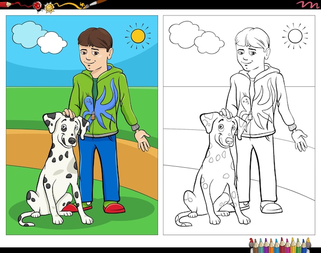 cartoon boy and his dog coloring book page