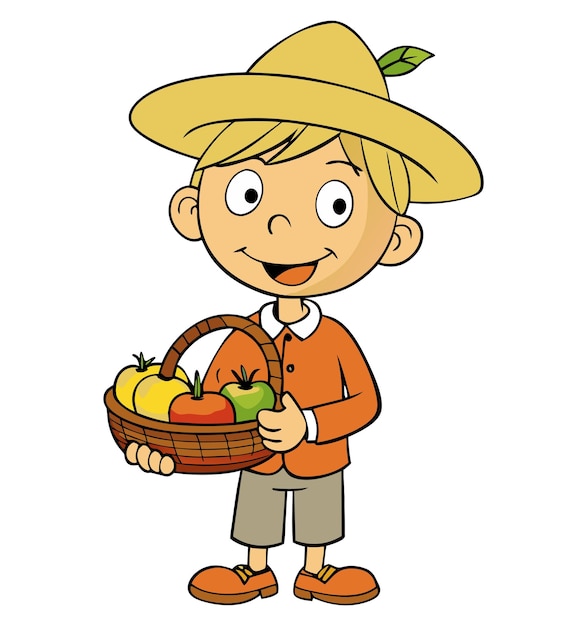 cartoon boy holding a basket of fruits