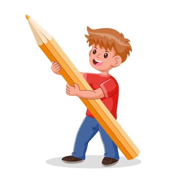 Cartoon boy holding a big pencil Vector illustration