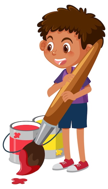 Cartoon boy holding brush with red colour