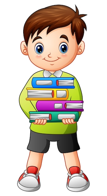 Vector cartoon boy holding a pile of books