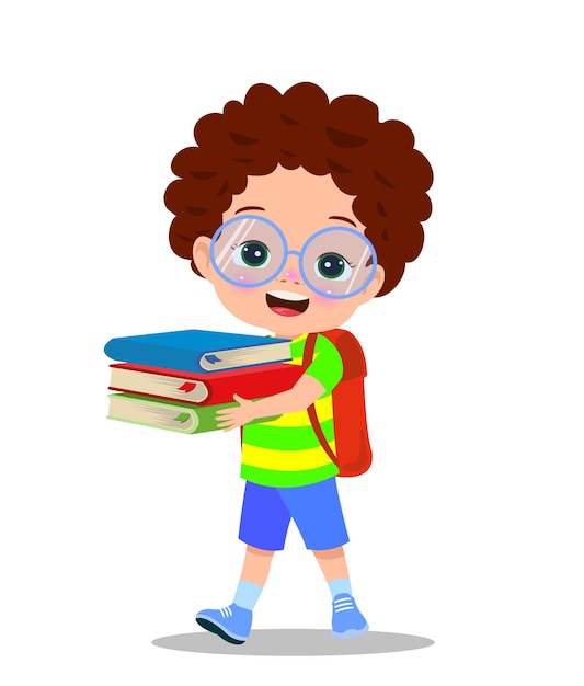 Vector cartoon boy holding a pile of books