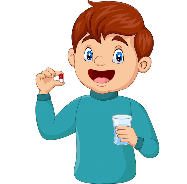 Cartoon boy holding a pill and a glass of water