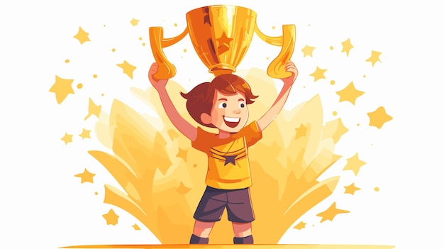 Vector a cartoon boy holding a trophy and holding a trophy