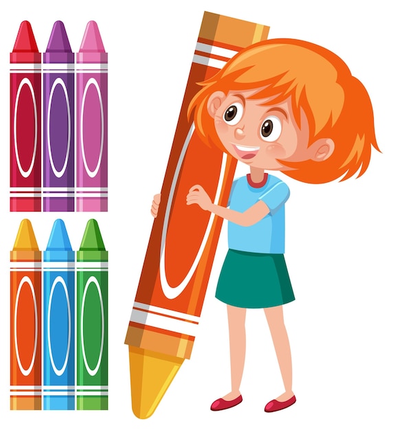 Vector cartoon boy holding yellow crayon stick