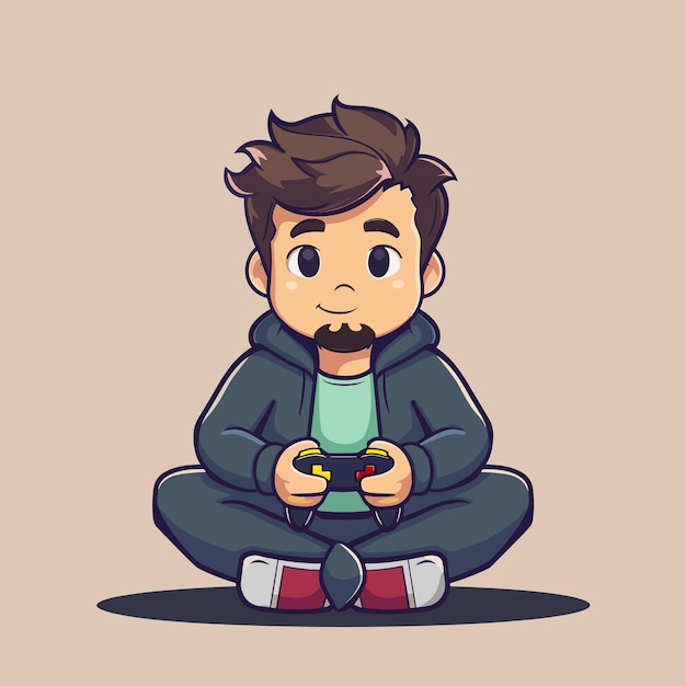 Vettore un ragazzo dei cartoni animati è seduto sul pavimento con in mano un controller di videogioco