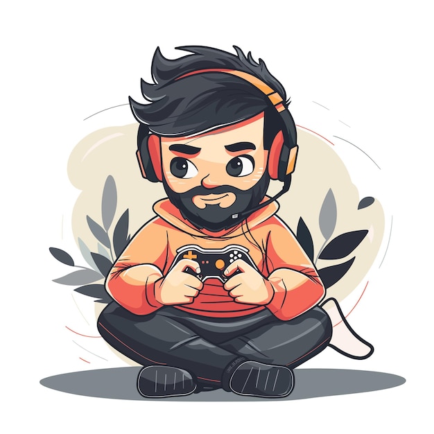 Vector a cartoon boy is sitting on the floor holding a video game controller