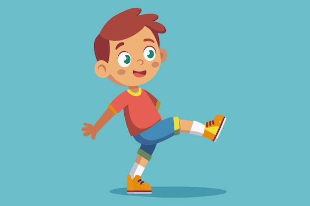 A cartoon boy is standing on one foot and smiling