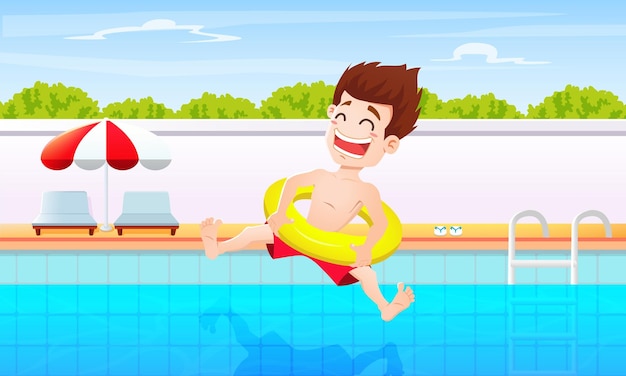 수영장에서 점프하는 만화 소년