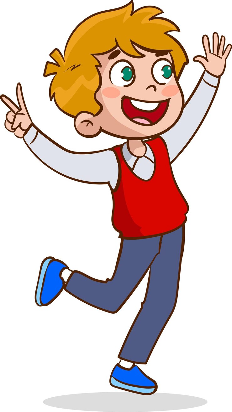 Vector a cartoon of a boy jumping with his arms raised and his head raised.