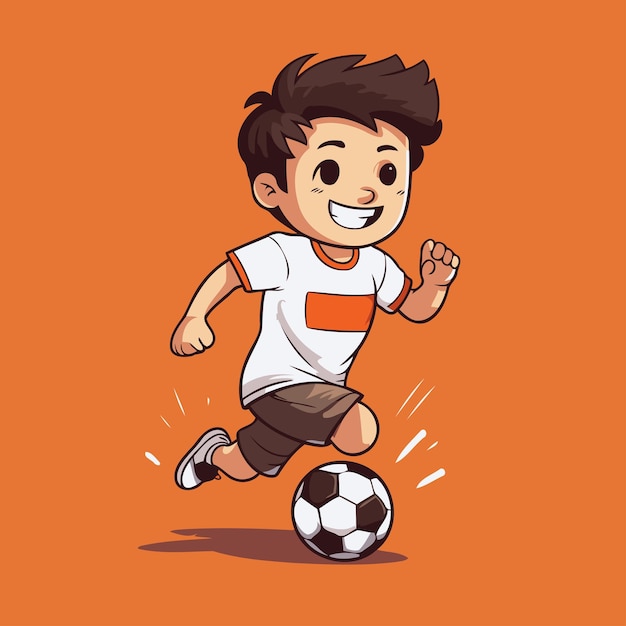 Вектор Мальчик из мультфильмов пинает футбольный мяч векторная иллюстрация изолирована на оранжевом фоне