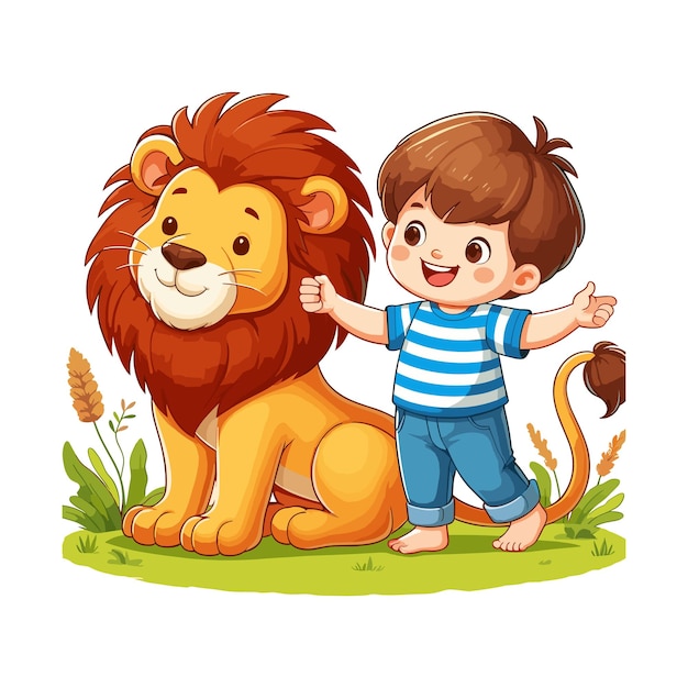 a cartoon of a boy and a lion a boy and lion are good friend vector illustration