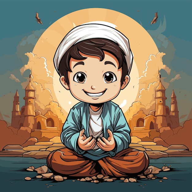 Vector cartoon boy of muslim praying on the blanket