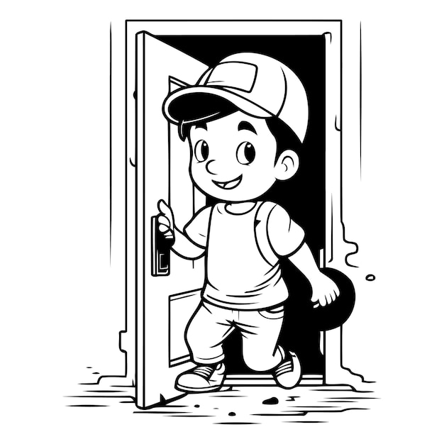 Vector cartoon boy opening the door vector illustration in cartoon style