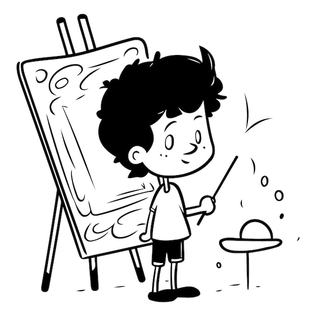 Vector cartoon boy painting a picture on easel