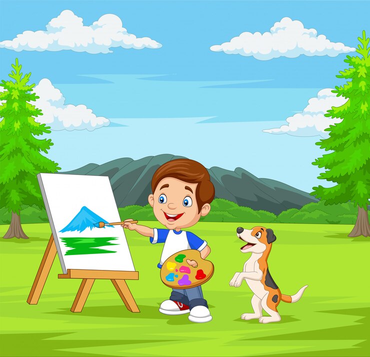 वेक्टर cartoon boy painting with his pet in the park