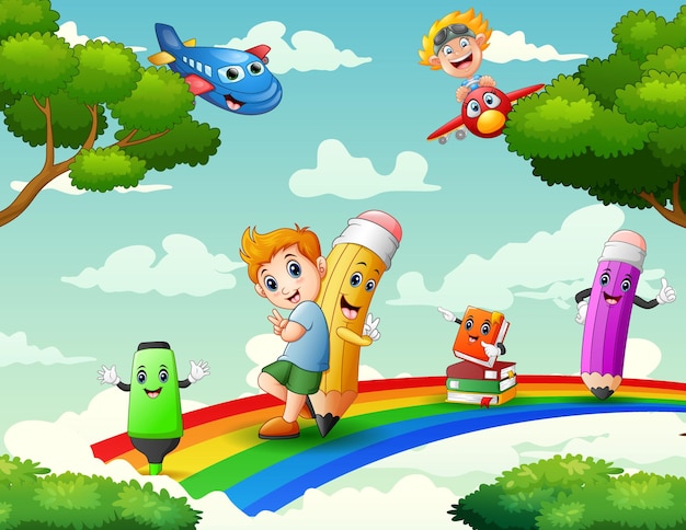 Premium Vector | Cartoon a boy and pencils on the rainbow with nature illustration Premium Vector | Cartoon a boy and pencils on the rainbow with nature illustration