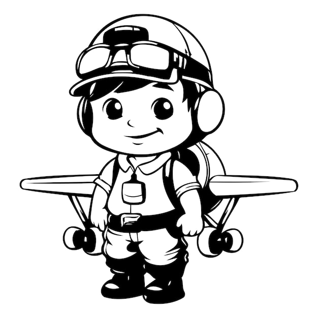 Cartoon boy pilot with airplane on sky background Vector illustration