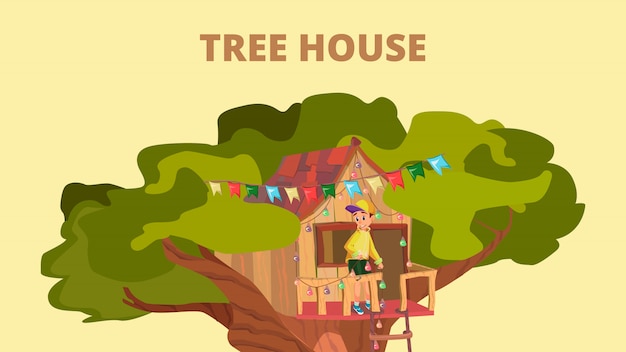 Cartoon boy play game in treehouse on garden tree