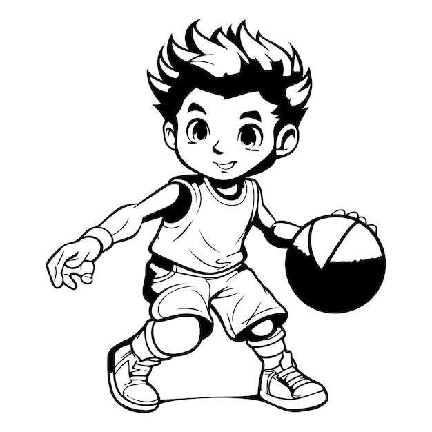 白い背景で孤立してバスケットボールをしている漫画の少年ベクトルイラスト