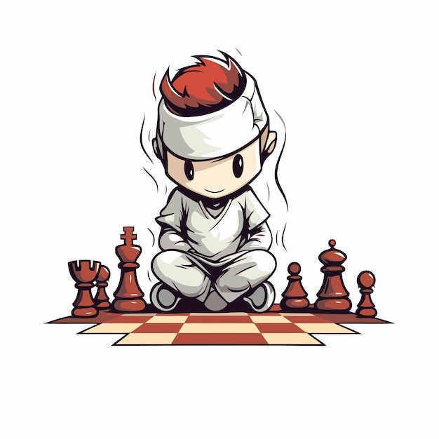 Cartoon boy playing chess Vector illustration isolated on white background