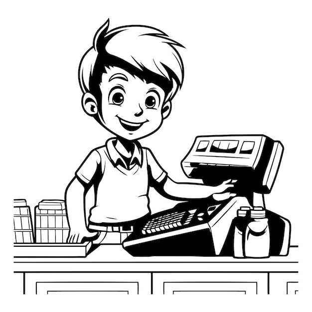黒と白のベクトルイラストでコンピュータゲームをしている漫画の少年