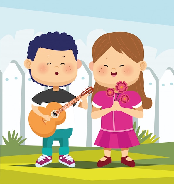 cartoon boy playing guitar and singing a girl with flowers over white fence, colorfu l design, vector illustration