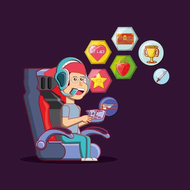 Vector cartoon boy playing video game over purple background